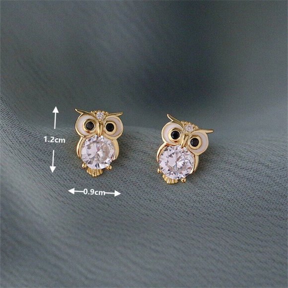New 18k Gold Over Silver CZ Owl Studs - Picture 4 of 4